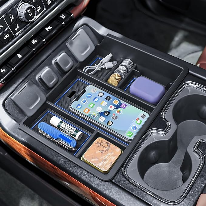 Center Console Organizer Tray Compatible with Chevy Silverado/GMC Sierra 1500/2500/3500HD 2014-2018,15-19 Silverado/Sierra 2500HD/3500HD Accessories Compartment,Full Console w/Bucket Seats ONLY,Blue
