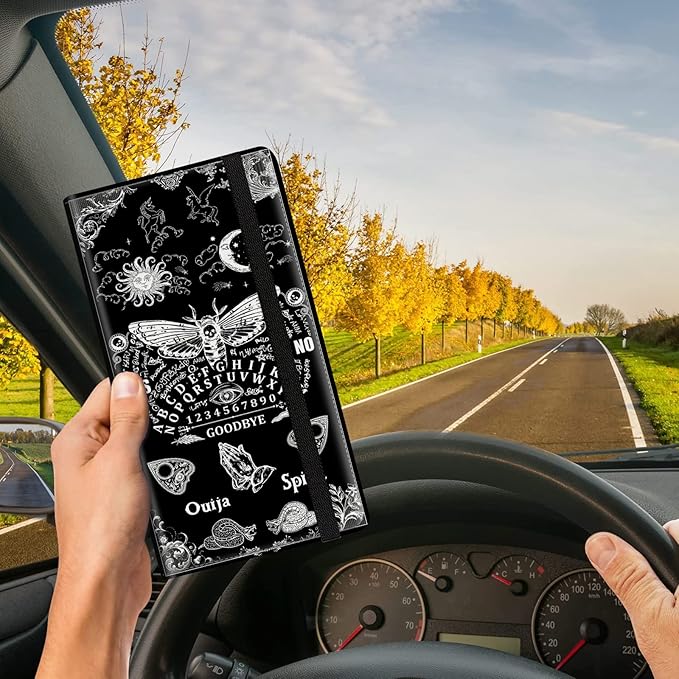 Car Registration and Insurance Card Holder, Premium PU Leather Vehicle Wallet Cover for Glove Box Car Organizer Drivers License/Cards/ID Essentials Document Holder, Death Moth Spirit Board