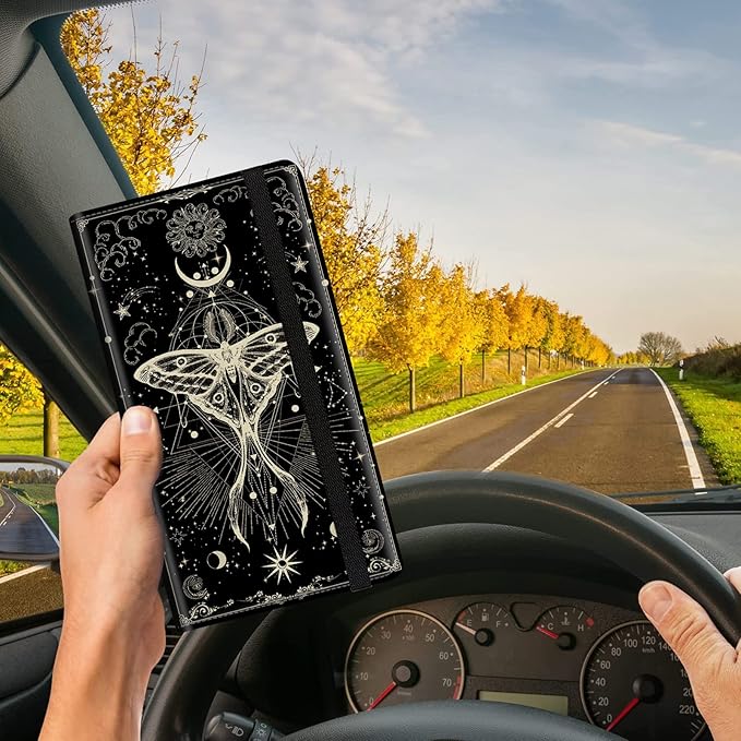 Car Registration and Insurance Card Holder, Premium PU Leather Vehicle Wallet Cover for Glove Box Car Organizer Drivers License/Cards/ID Essentials Document Holder, Witch Moth Moon Phase