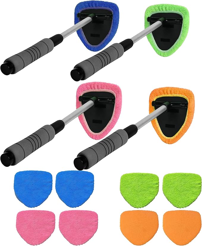Windshield Cleaning Tool with Reusable Microfiber Pads Glass Wiper Kit, Extendable Handle Car Window Cleaner (1, Orange)