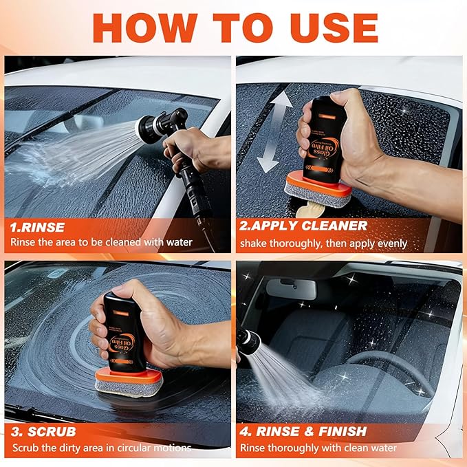 2pcs Glass Oil Film Remover for Car, Glass Emulsion Cleaner, 100ml Roll-On Glass Compound with Cleaning Board, Removes Oil Film & Smudges, Oil Film Cleaning Brush for Car Windows