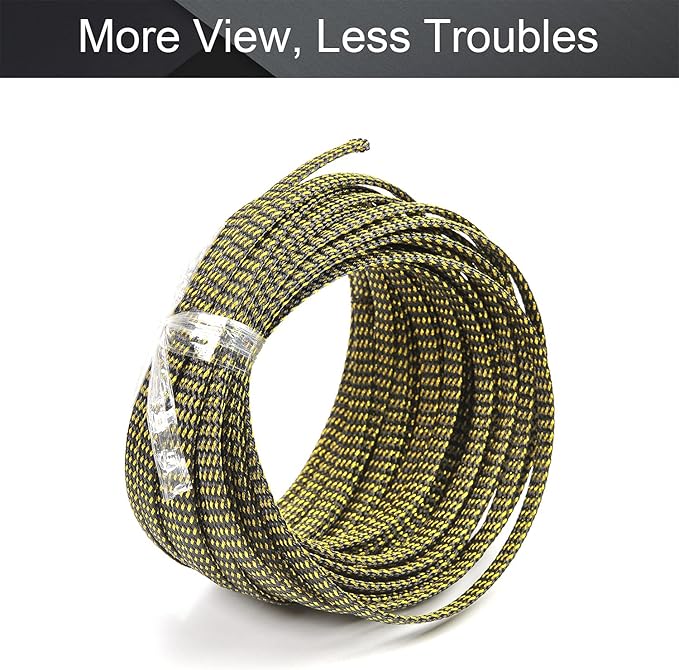 Aicosineg 32.81ft PET Flexible Braided Cable Sleeve 0.25inch Width Wire Loom Sleeving and Organizer Flexible Wire Mesh Sleeve Wrap Protector for TV Audio PC Cords from Pets Chewing Black and Gold