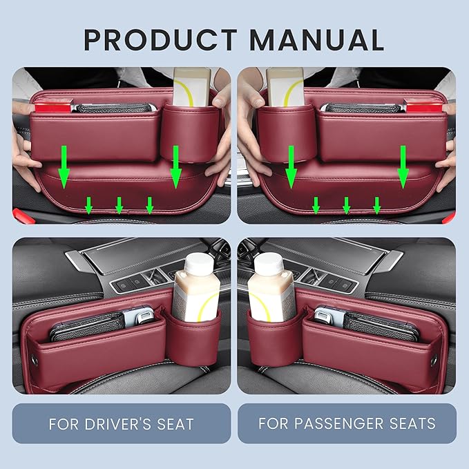 2 Packs Universal Fit Car Seat Gap Filler Organizer, Premium Leather Anti-Drop Car Side Gap Storage with Cup Holder for Phone, Keys, Sunglasses & Drinks (Brown)
