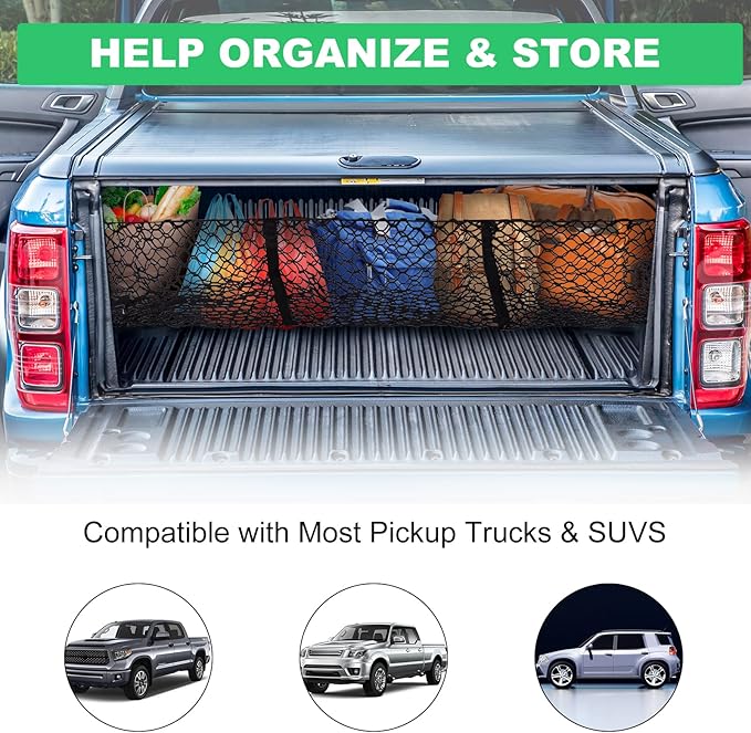 Cargo Net Trunk Bed Organizer for Ford/Dodge/GMC/Chevy Silverado/Toyota/Nissan/Honda Pickup Truck, 59" Longer Mesh Storage Net Grocery Holder Heavy Duty Automotive Cargo Net with 3 Detachable Pocket