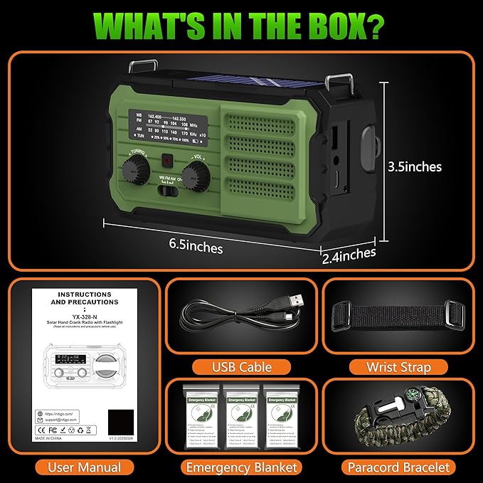Emergency Radio Hand Crank Solar, 10000mAh/37000mWh Emergency Weather Radio, Hand Crank Solar Radios with NOAA/AM/FM, Thermal Blanket, Survival Bracelet, for Home & Outdoor