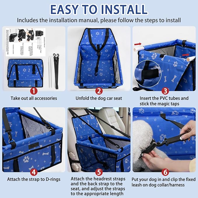 PetsHome Dog Car Seat Foldable Dog Car Booster Seat Waterproof Breathable Oxford Travel Bag for Small to Medium Dogs, Puppies, and Pets-Pattern Blue