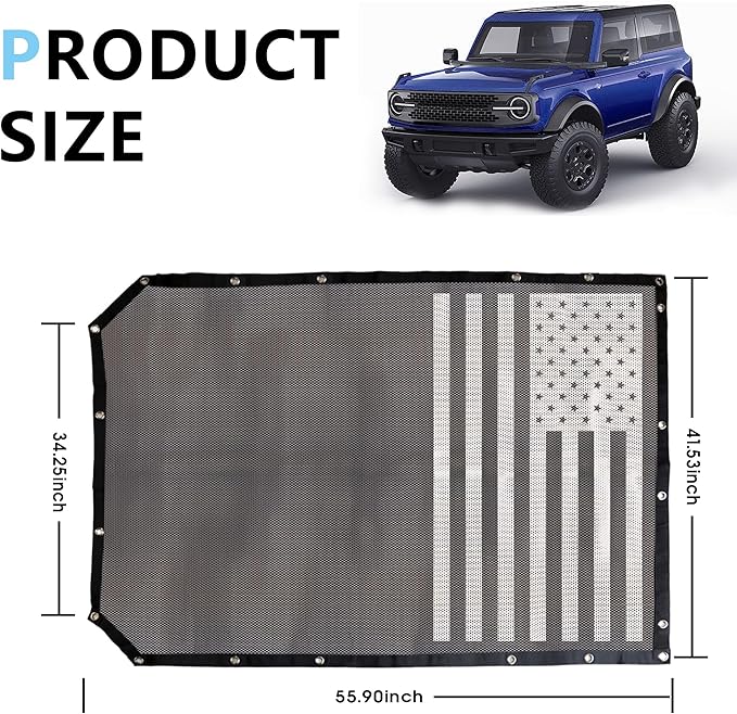 sukemichi 2 Door Sunshade for Ford Bronco,Mesh Sun Shade Bikini Top Cover Bimini Top for Ford Bronco Accessories 2021 2022 2023 2024 2025 2026 2 Door - Blocks UV, Wind, Noise(Flag)