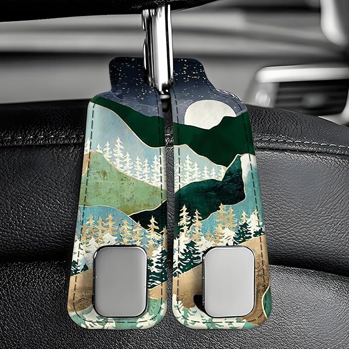 Car Seat Back Storage Headrest Hook, Premium Leather Double Metal Hook, Hanger Storage Organizer for Purse Cloth Bag, Car Interior Accessories Cute Mountain Moon