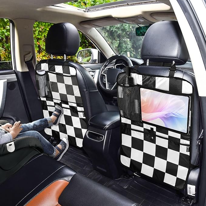 1 Pack Back Seat Car Organizer with Storage Pockets Kick Mats Back Seat Protector Hanging Car Organizer Automotive Seat Back Cover Organizers Checkered Black and White