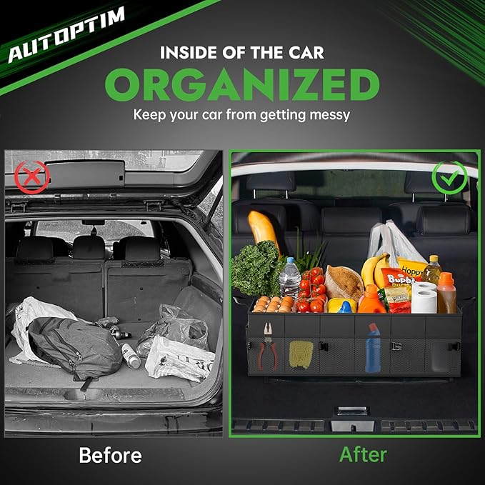 Car Trunk Organizer - 85L Collapsible Car Organizer with Non Slip Bottom for Groceries, Trunk Storage with Base Panel for SUV Sedan Van, 3 Compartments (Black, Large)