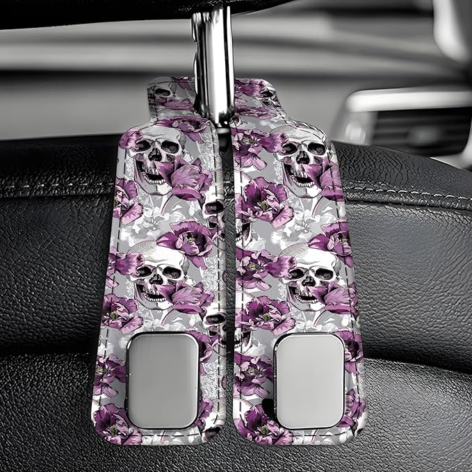 Car Seat Back Storage Headrest Hook, Premium Leather Double Metal Hook, Hanger Storage Organizer for Purse Cloth Bag, Car Interior Accessories Funny Skull Flower