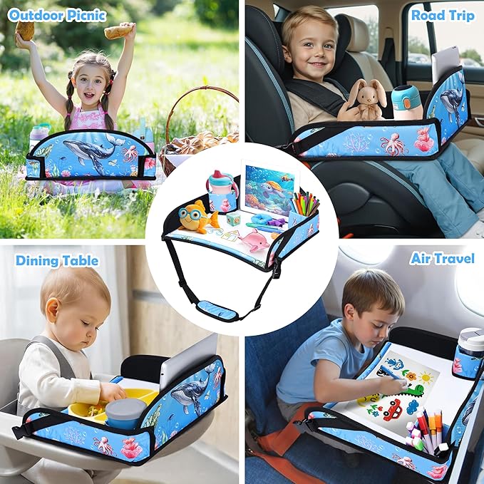 Kids Travel Tray for Toddler Carseat, Road Trip Activities Essentials for Toddler, Kids Lap Desk Tray with Tablet Holder Stand & Dry Erase Board (Whale)