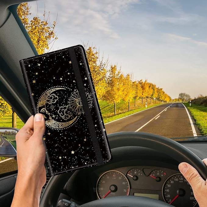 Car Registration and Insurance Card Holder, Premium Leather Vehicle Wallet Cover for Glove Box Car Organizer Drivers License/Cards/ID - Essentials Document Holder, Sun Moon Stars