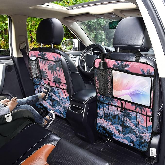 2 Pack Back Seat Car Organizer with Storage Pockets Kick Mats Back Seat Protector Hanging Car Organizer Automotive Seat Back Cover Organizers Palm Tree Wave Pink