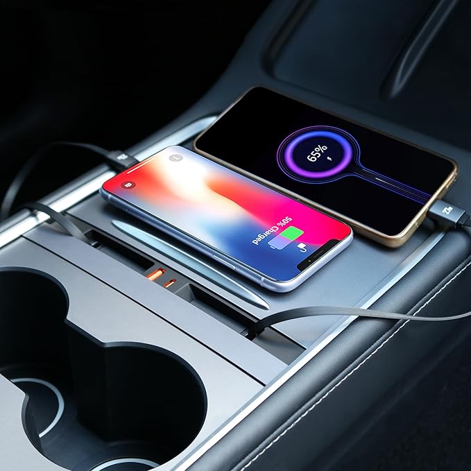 Car USB Hub Charger for Tesla Center Console with Fast Charging Retractable Cables Phone Charger Docking Station Accessories(Model Y 2021-2024 & Model 3 2021-2023)
