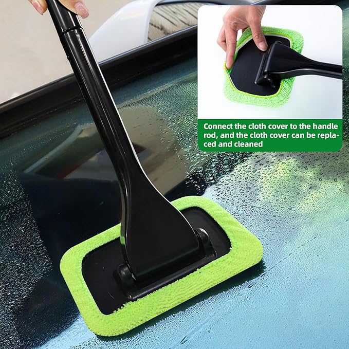 Car Windshield Cleaning Tool, Microfiber Auto Window Cleaner Set with 2 Washable & Reusable Cloth Pad Head, Long Handle and Spray Bottle, Universal Glass Wiper Cleaning Kit