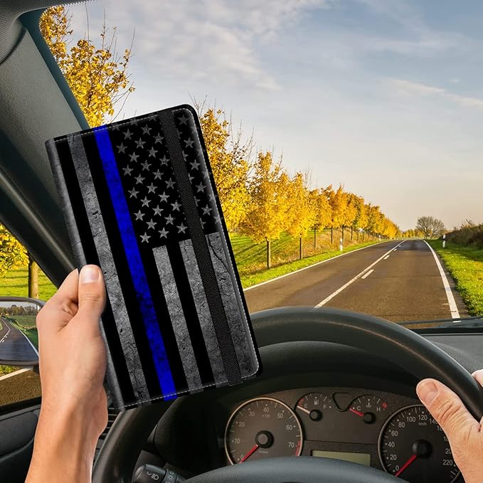 Car Registration and Insurance Card Holder, Premium Leather Vehicle Wallet Cover for Glove Box Car Organizer Drivers License / Cards / ID - Essentials Document Holder, Thin Blue Line American Flag