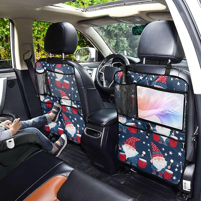July 4th Gnomes Drum Dark Blue 2 Pack Backseat Car Organizer with Storage Pockets Seat Back Organizers for Kids Kick Mats Backseat Protector Automotive