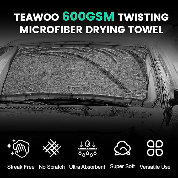 TEAWOO 3-Pack Microfiber Towels for Cars (24" x 35"), Extra Large Super Absorbent Car Drying Towel, Drying Towel for Car & Trucks, Car Towels Drying with No Streaks & Scratches