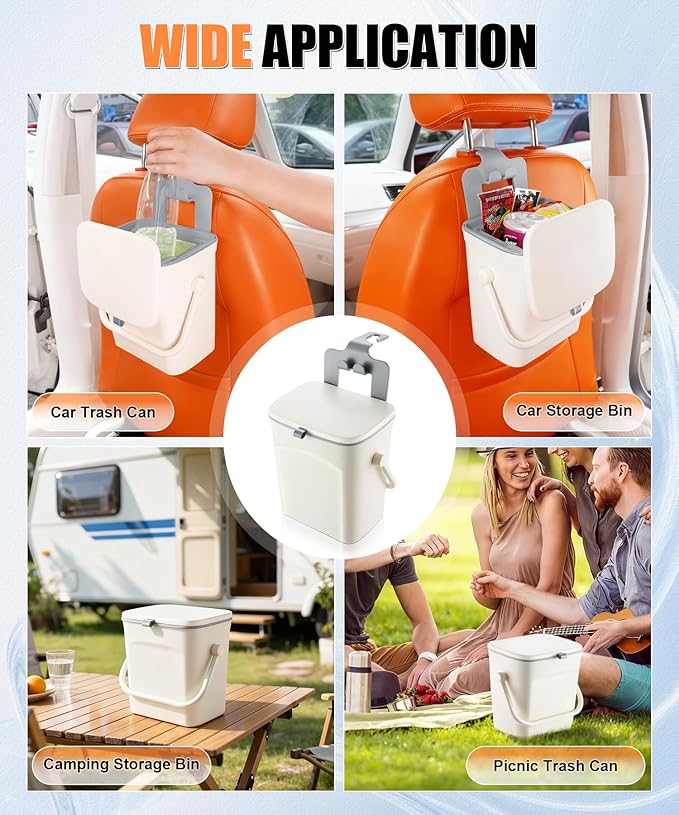 SINGARO Car Trash Can with Lid and Phone Holder, Universal Trash Bin, Waterproof Hanging Vehicle Garbage Can, Leak Proof Organizers and Storage, Car Accessories Interior for Women Men, White