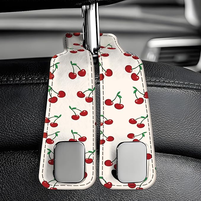 Car Seat Back Storage Headrest Hook, Premium Leather Double Metal Hook, Hanger Storage Organizer for Purse Cloth Bag, Car Interior Accessories White Red Cherry