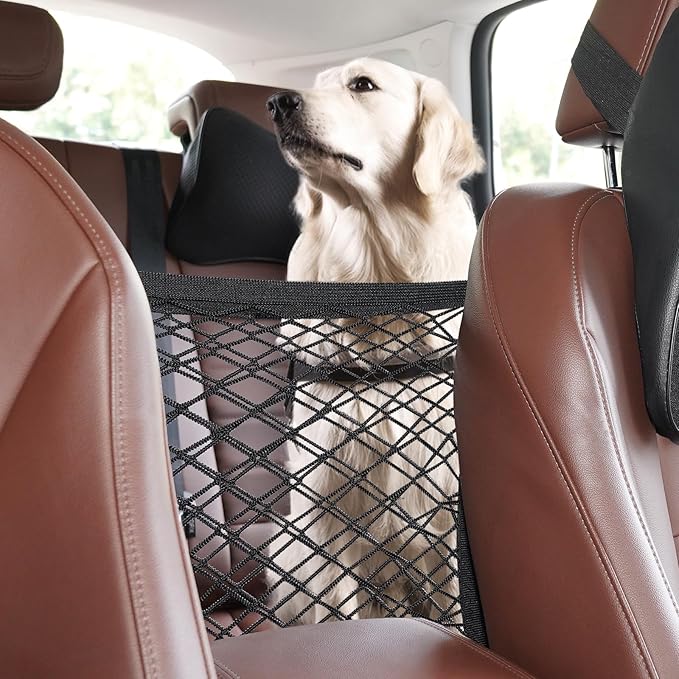 rabbitgoo Dog Car Net Barrier for SUVs, Pet Barrier with Metal Hooks & Stretchable Mesh, Car Divider & Storage Bag, Easy to Install, Drive Safely with Children & Pets, 13.98"×15.55"