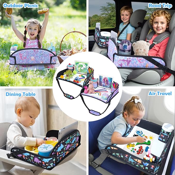 2Pcs Kids Travel Tray for Toddler Carseat, Road Trip Activities Essentials for Toddler, Kids Lap Desk Tray with Tablet Holder Stand & Dry Erase Board (Dinosaur & Mermaid)