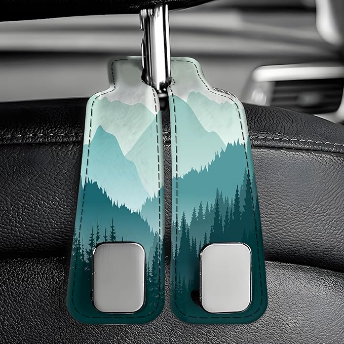 Car Seat Back Storage Headrest Hook, Premium Leather Double Metal Hook, Hanger Storage Organizer for Purse Cloth Bag, Car Interior Accessories Beautiful Blue Mountain