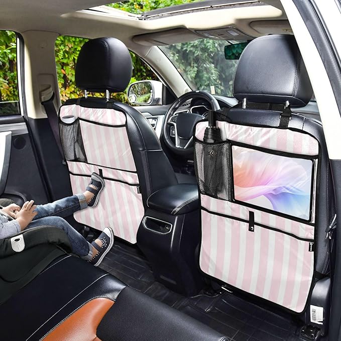 Pink and White Stripes 1 Pack Backseat Car Organizer with Storage Pockets Seat Back Organizers for Kids Kick Mats Backseat Protector Automotive