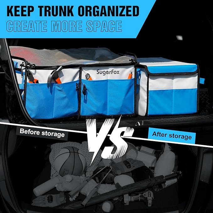 Car Trunk Organizer for SUV - 63L+26L Modular Storage, Heavy-Duty, Foldable Waterproof, Soft & Hard Covers, Non-Slip, Multi-Compartment, Blue M006
