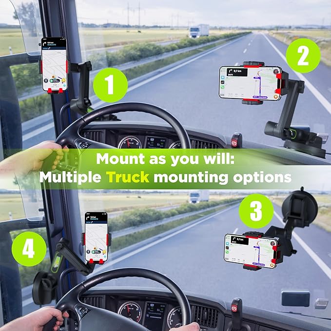 Cell Phone Mount for Truck Phone Holder for Truck Drivers - Heavy Duty Suction Cup + Dashboard Pad, iPhone Holder for Dashboard Window 16.9 inch Long, for iPhone & Samsung, Big Rig Trucker, Red