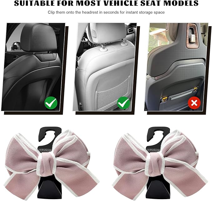 2 PCS Car Seat Headrest Hooks, Adorable Bow Knot Storage Hooks Multipurpose Vehicle Headrest Organizer, Auto Seatback Bowknot Hanger Interior Decoration for Car Truck SUV (Pink)