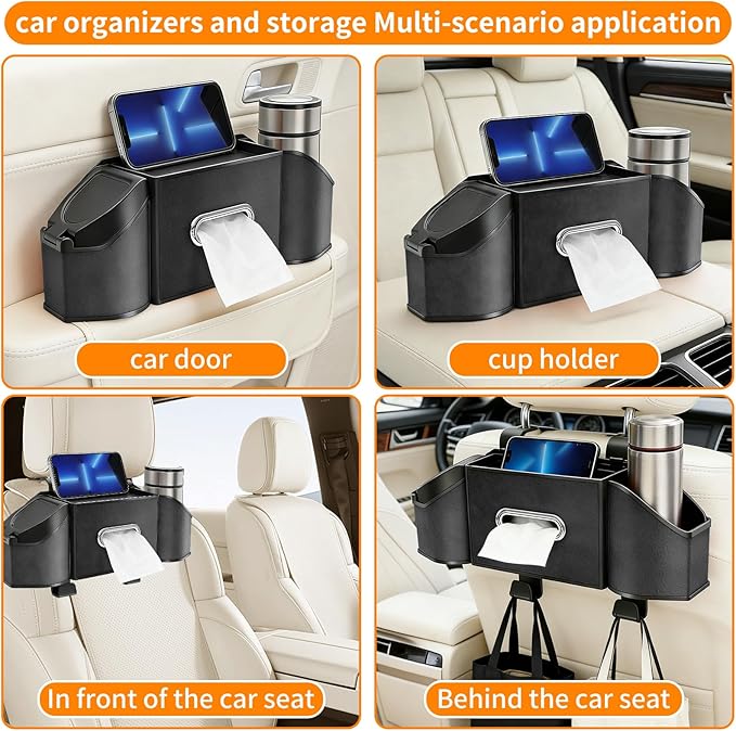 7-in-1 Multifunctional Car Seat Back Organizer, Car Back Seat Storage Box Trash Can & Cup Holder with Tissue Box, Hooks, Universal Fit for Most Cars, SUVs, Trucks (Black.)