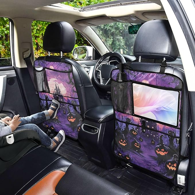 Purple Halloween Bat Pumpkin 1 Pack Backseat Car Organizer with Storage Pockets Seat Back Organizers for Kids Kick Mats Backseat Protector Automotive