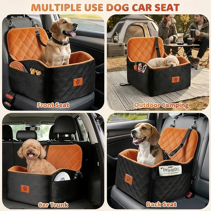 Dog Car Seat for Small Medium Dogs, 6" Booster Pet Cars Seats, Pet Car Seat Travel Bed with Storage Pockets and Dog Safety Belt, Detachable Washable Cover, Fits Dogs up to 35lbs (Black Orange)