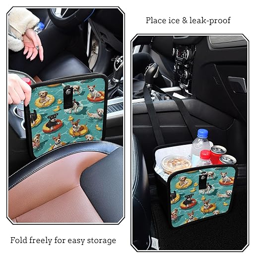 Car Trash Can Organizer Bin with Adjustable Strap for Back Front Seat Console Waterproof Leakproof Collapsible Portable 8.66 Inch Teal Swimming Pool Dogs and Ducks