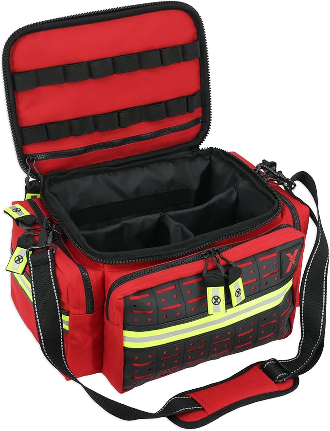 Lightning X Mid-Sized First Responder EMT Bag | LXMB25 | Fully Stocked w/ 240+ First Aid, EMS & Trauma Supplies - RED