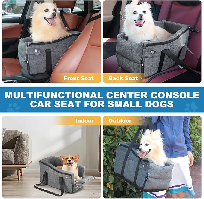 Center Console Dog Car Seat for Small Dogs Up to 12lbs, Detachable Armrest Pet Car Seat, Portable Middle Console Dog Booster Cars Seats with Adjustable Straps & Storage Pocket (Dark Grey)