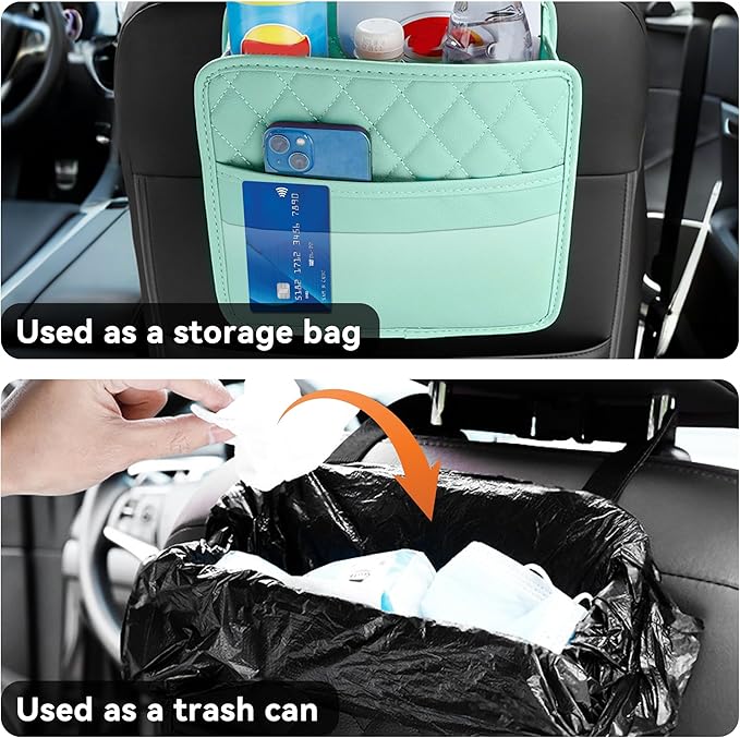 Car Seat Back Hanging Bag, PU Leather Automotive Seat Back Organizer, Multipurpose Vehicle Travel Essentials Accessories for Kids & Adults, Universal for Most Cars (Green)