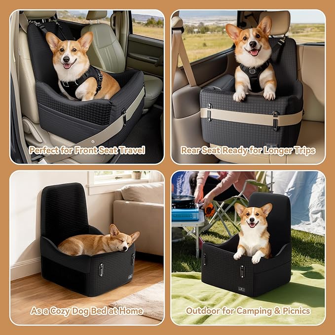 PETSFIT Dog Booster Car Seat for Small/Medium Dogs Up to 35 lbs โ Patented Safety System, 6" Memory Foam Pet Car Seat, Fully Detachable and Washable Cover, Front/Back Seat Travel Booster (Black)