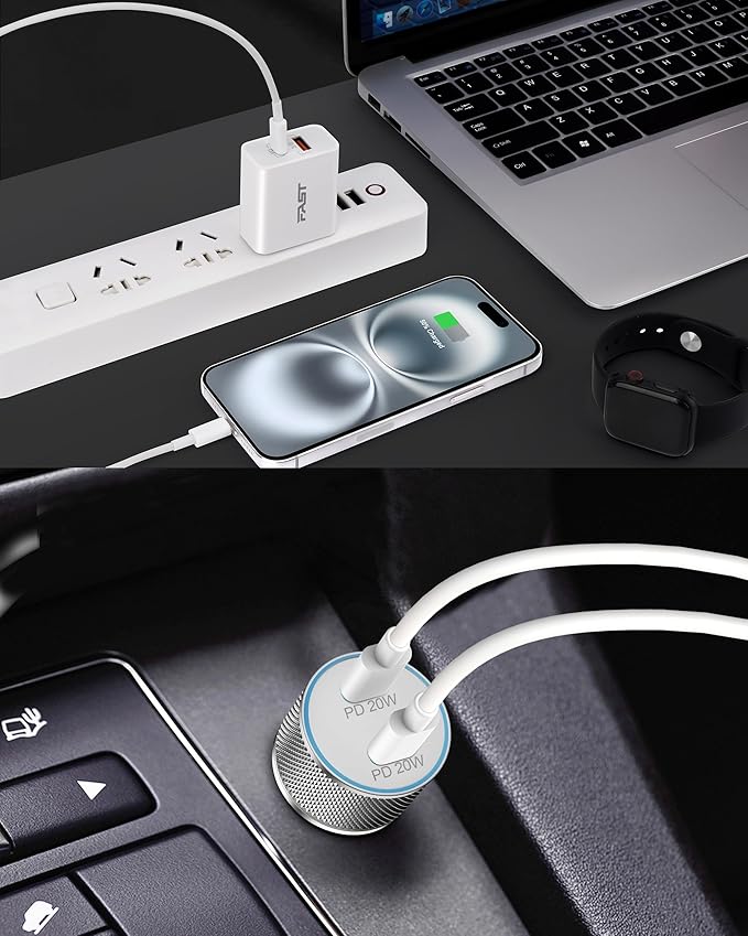 iPhone 17/17 Pro Max/17e Car Charger Fast Charging, 40W USB C Car Charger Cigarette Lighter + 20W USB C Charger Block + 2x6FT Cable for iPhone 17e/17/17 Pro/Air/16e/16/15 Pro Max/Plus, iPad, AirPods