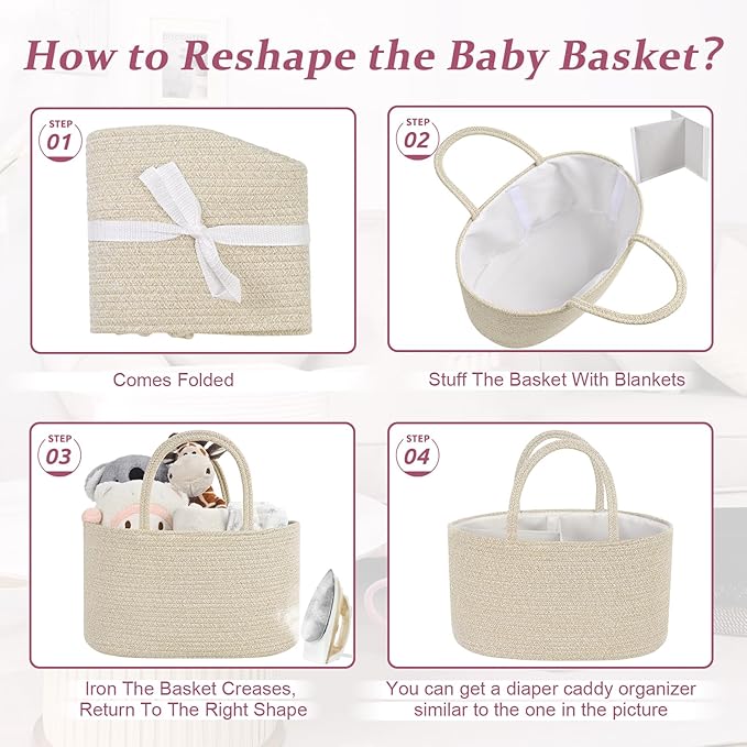 19L Baby Diaper Caddy Organizer, 16.8"x9.8"x9" Cotton Rope Diaper Basket, Changing Table Storage Caddy With Removable Divider, Baby Basket for Nursery, Car, Diapers, Baby Shower Gifts for Newborn