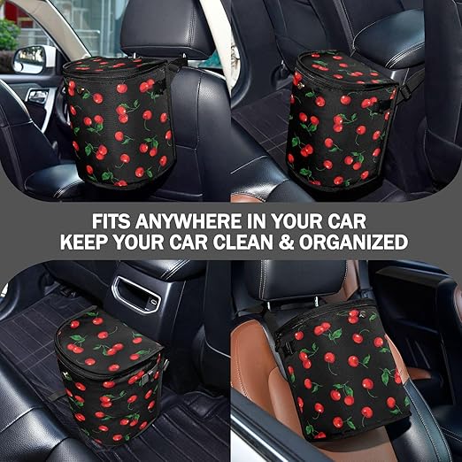 Cherry Black Car Trash Can Watercolor Fruit Leaves Car Garbage Bag with Lid Hanging Waterproof Leak Proof Vehicle Storage Bin