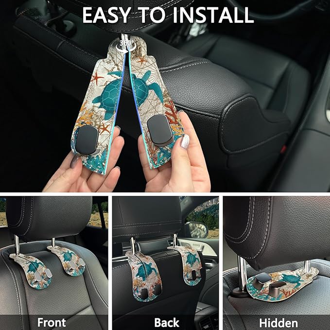 Blusabaca 2PCS Car Seat Back Storage Headrest Hooks, Sea Turtle Purse Holder Bags Hanger, PU Leather Double Metal Hook for Backseat Organizer, Women Car Accessories Organization