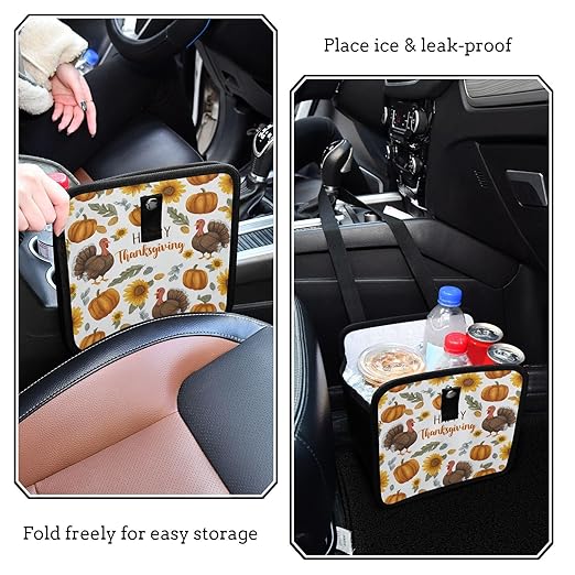 Car Trash Can Organizer Bin with Adjustable Strap for Back Front Seat Console Waterproof Leakproof Collapsible Portable 11 Inch Thanksgiving Turkeys Sunflowers White