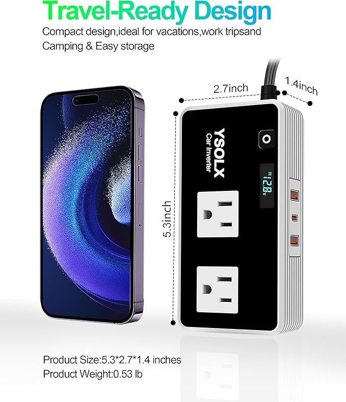 300W Car Power Inverters for Vehicles, YSOLX Car Inverter 12V to 110V with 3 USB Fast Charger and Car Plug Adapter Outlet for Laptop Computer Charger