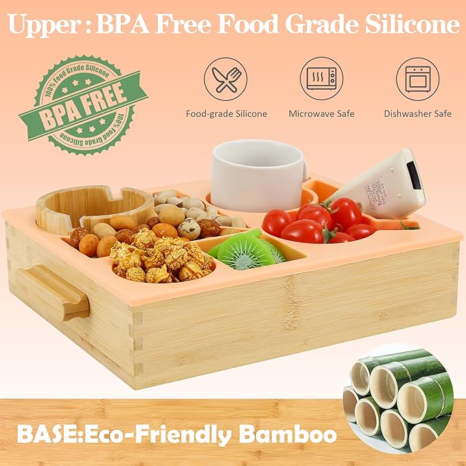 Nnewvante Snack Cup Couch Caddy, 8 in 1 Divided Serving Tray with Handle for Sofa Bed RV Car Organizer Caddy Movie Night Snack Trays, Bamboo and BPA Free Silicone, Peach
