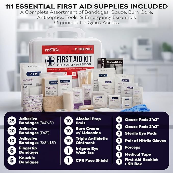 OSHA Compliant First Aid Kit - 10 Person, Type III, ANSI Class A, 111 Pieces Emergency Kit for Business, Office, Home, Workplace, Truck, Car & Construction Site - Latex Free, Wall Mountable | ProHeal