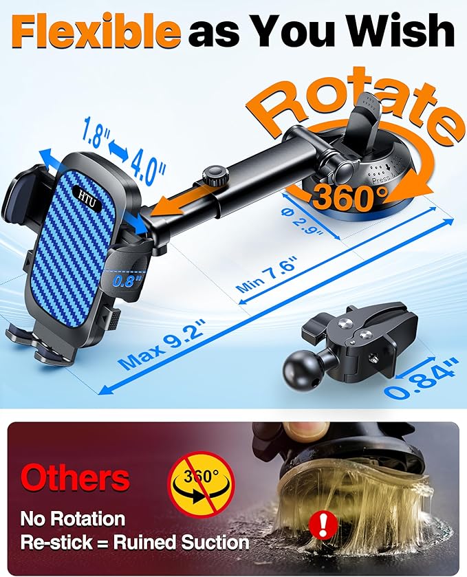 HTU 2026 Ultimate Best【True Military-Grade & Safety Cert】Car Phone Holder【Upgraded 360 Rotation & 100+LBS Strongest Suction】5-in-1 Truck Windshield Dashboard Vent Mount Stand for iPhone Android, Blue