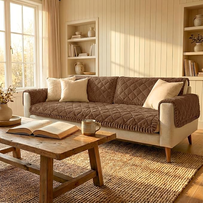 Smiry Fuzzy Couch Cover for Dogs, Non Slip Washable Pet Sofa Cover, Scratch Proof Hair Resistant Plush Sofa Slipcover, Pet Friendly Couch Cushion Protector for Cat, Brown, 27.6" x 59"